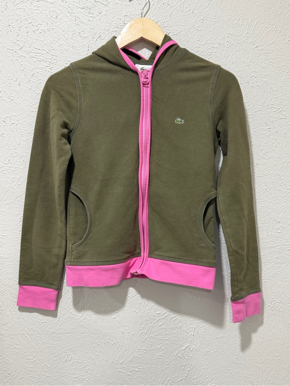 Lacoste Kids Olive Green Zip Hoodie with Pink Trim